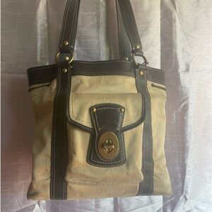 Coach signature tote cream jacquard with dark brown leather trim